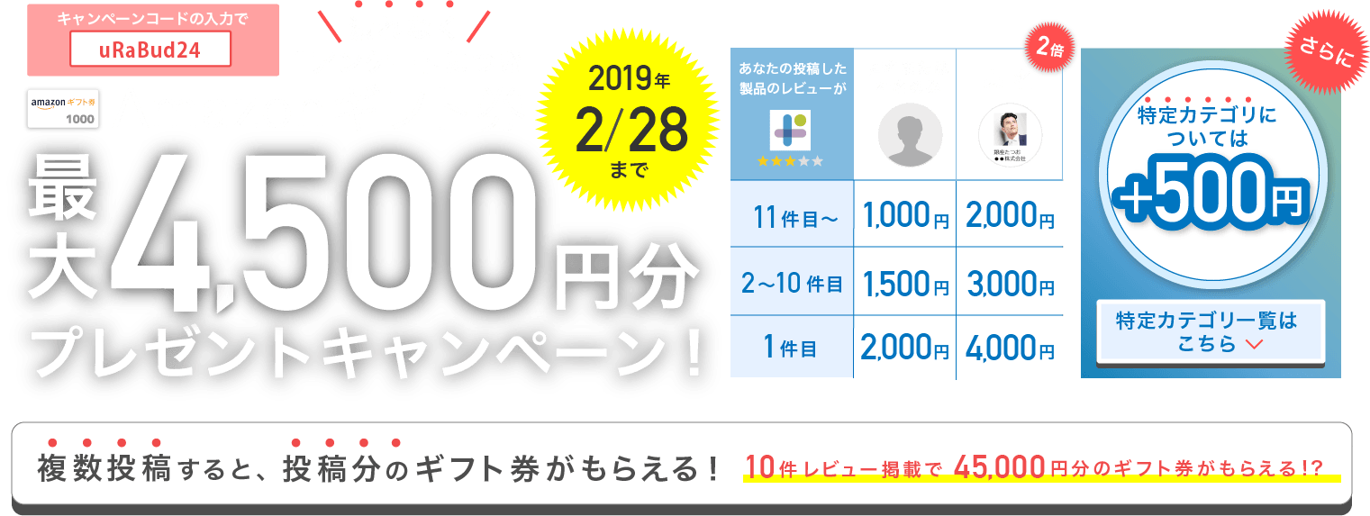 1アンケートにつき漏れなく！Amazonギフト券最大4,500円プレゼントキャンペーン！2019年2月28日まで
