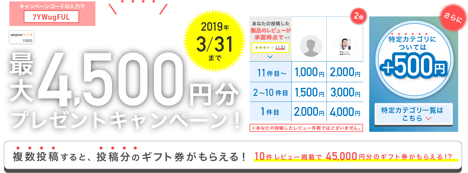 1アンケートにつき漏れなく！Amazonギフト券最大4,500円プレゼントキャンペーン！2019年2月28日まで