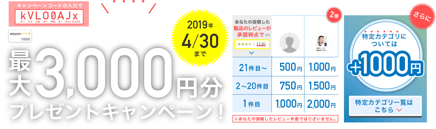 1アンケートにつき漏れなく！Amazonギフト券最大3,000円プレゼントキャンペーン！2019年4月30日まで