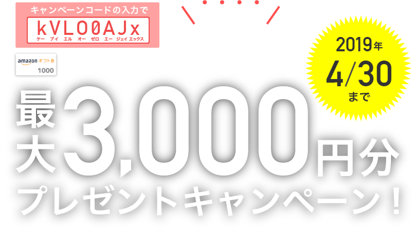 1アンケートにつき漏れなく！Amazonギフト券最大3,000円プレゼントキャンペーン！2019年4月30日まで