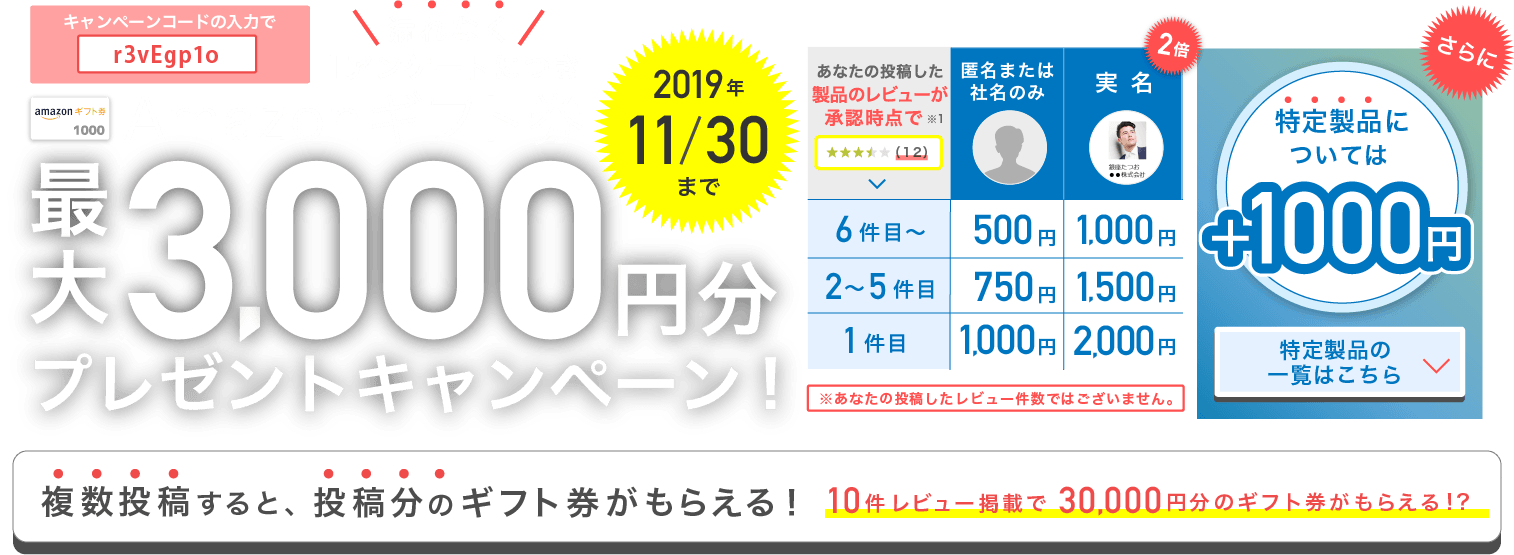 1アンケートにつき漏れなく！Amazonギフト券最大3,000円プレゼントキャンペーン！2019年11月30日まで