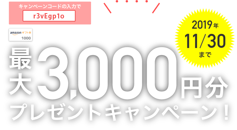 1アンケートにつき漏れなく！Amazonギフト券最大3,000円プレゼントキャンペーン！2019年11月30日まで