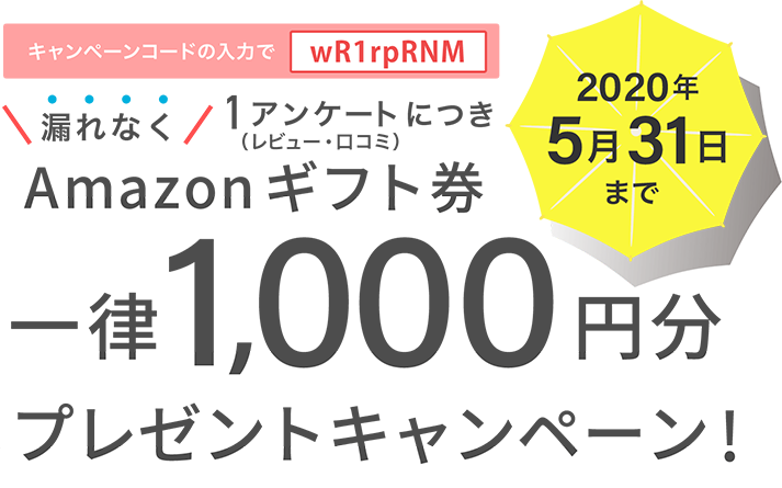 1アンケート（レビュー・口コミ）につき漏れなく！Amazonギフト券最大2,000円プレゼントキャンペーン！2020年5月31日まで