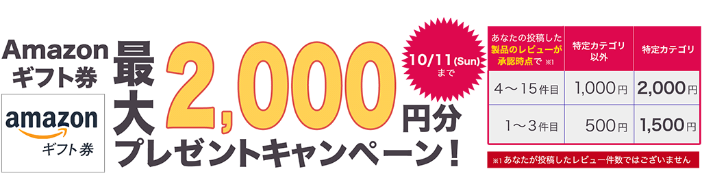 1アンケート（レビュー・口コミ）につき漏れなく！Amazonギフト券プレゼントキャンペーン！